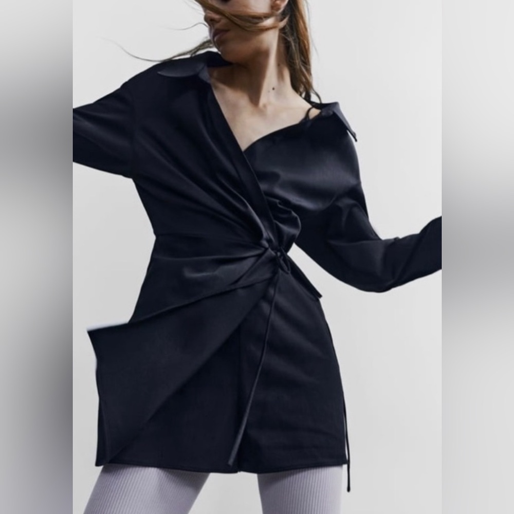 ZARA Black Asymmetric Wrap Collared V-neck Poplin Dress With Puff Sleeves Size S